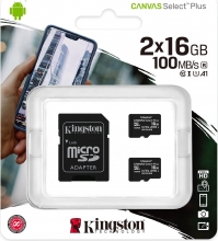 Kingston Canvas Select Plus R100 microSDHC 16GB Kit, UHS-I U1, A1, Class 10, 2er-Pack