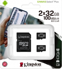 Kingston Canvas Select Plus R100 microSDHC 32GB Kit, UHS-I U1, A1, Class 10, 2er-Pack