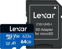 Lexar High-Performance 633x R100 microSDXC 64GB Kit, UHS-I U3, A1, Class 10