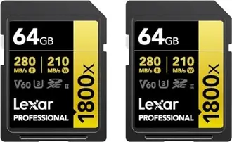 Lexar Professional 1800x Gold Series R280/W210 SDXC 64GB, UHS-II U3, Class 10, 2er-Pack