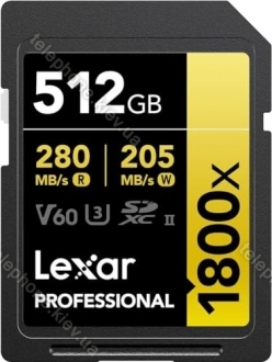 Lexar Professional 1800x Gold Series R270/W180 SDXC 512GB, UHS-II U3, Class 10