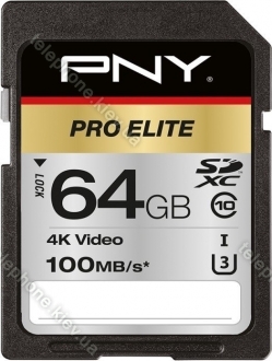 PNY Pro Elite R100/W90 SDXC 64GB, UHS-I U3, Class 10