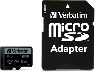 Verbatim Pro U3 R90/W45 microSDXC 128GB Kit, UHS-I U3, Class 10