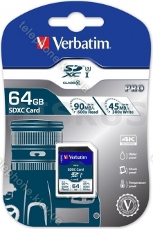 Verbatim Pro U3 R90/W45 SDXC 64GB, UHS-I U3, Class 10